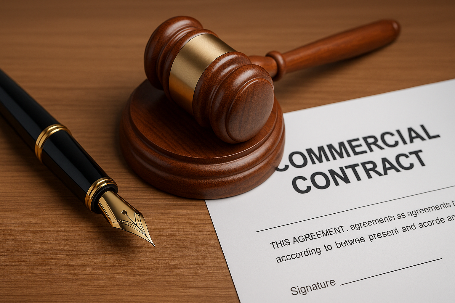pen, gavel, and commercial contract on executive desk